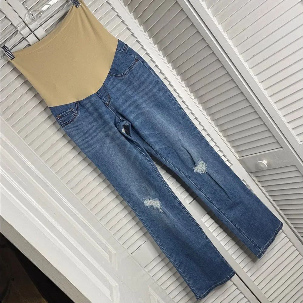 Indigo Blue Maternity Jeans with Tan Waistband